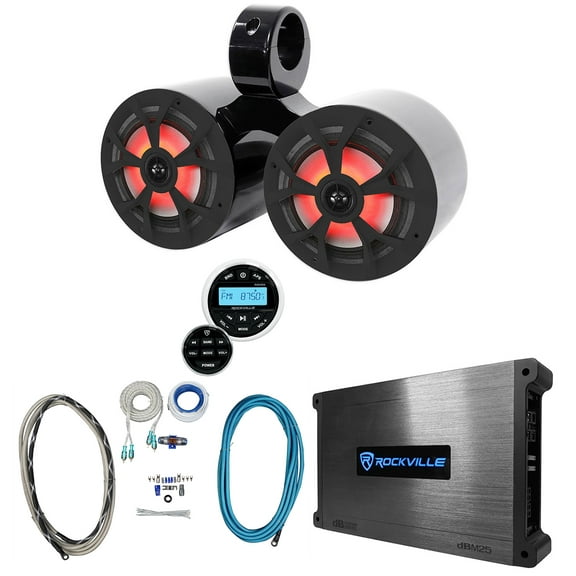 Rockville Dual 6.5" 700w Marine Wakeboard LED Speakers Receiver Amplifier Wires