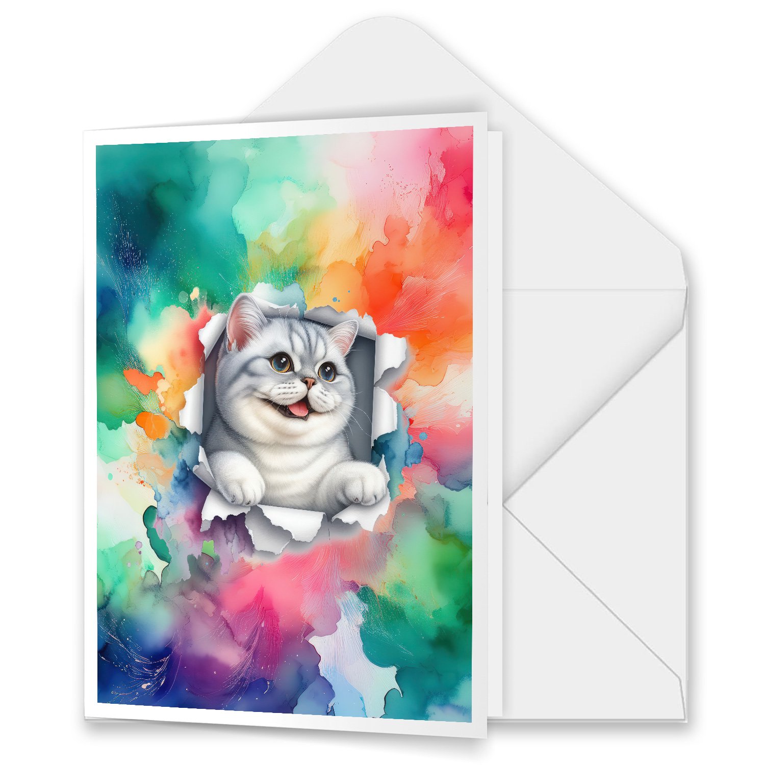 Funny Watercolor Adorable British Shorthair Peeking Through Torn Paper Effect 5x7in Folded Greeting Card Cat Lover Kitten Owner Gifts Single Note Card with Envelope - 00026