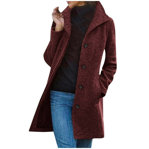 aohooy Womens Pea Coat Wool Winter Long Pea Coats Wool Blend Stand Collar Single Breasted Jackets Casual Peacoat Overcoats Wine,M