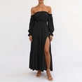 thumbnail image 3 of qafoshin Off Shoulder Dresses for Women Long Sleeve Solid Color Slit Maxi Dress, 3 of 6
