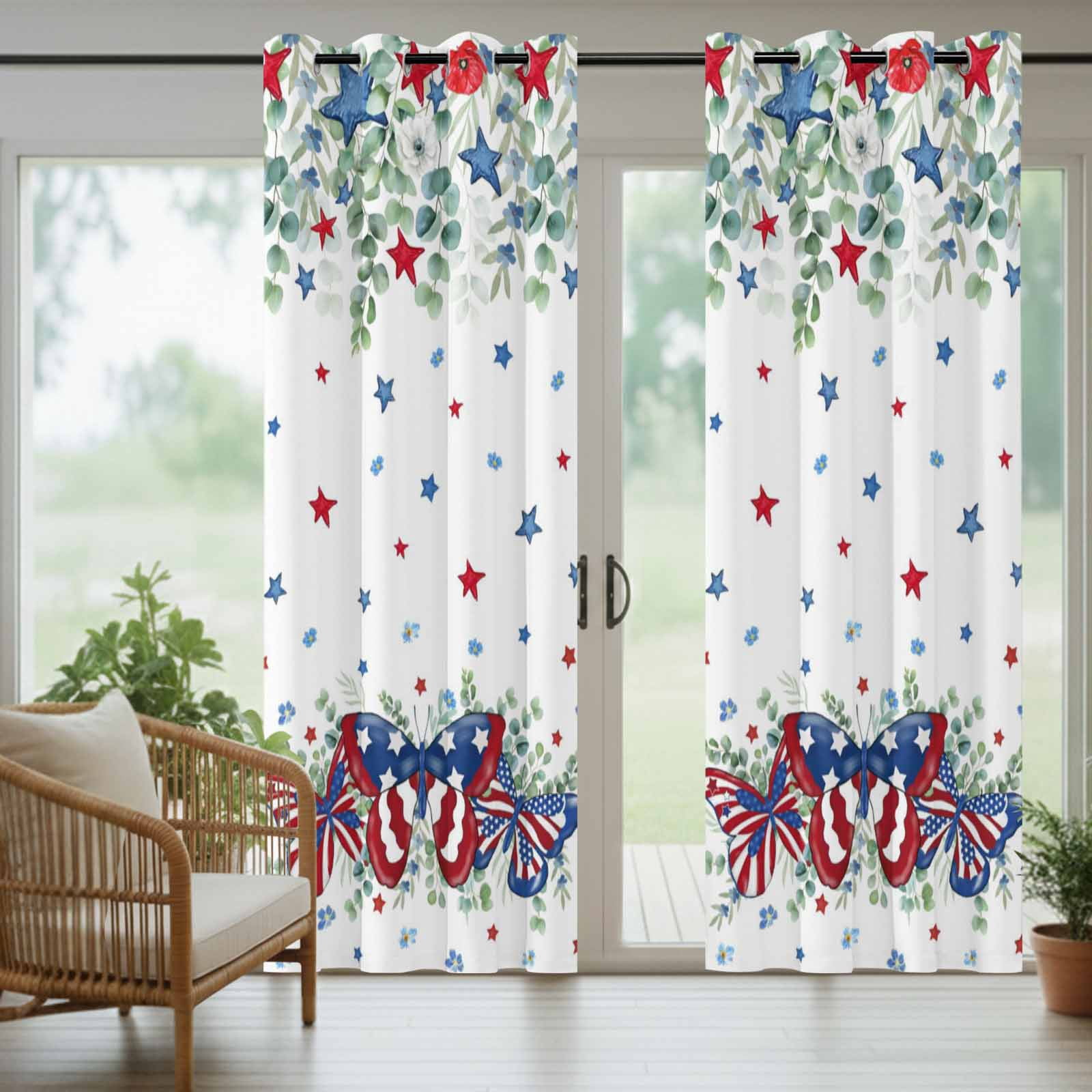 Independence Day Outdoor Curtains for Patio, Country Farmhouse Red Blue Star Butterfly Leaf Flower Sunshade Privacy Drapes Grommet Waterproof Outside Curtains for Porch Balcony 54"x108", 1 Panel
