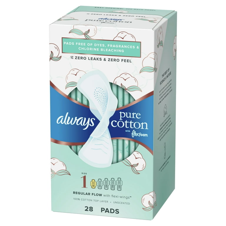 Always Pure Cotton with FlexFoam Pads, Regular Absorbency, with Wings Size 1