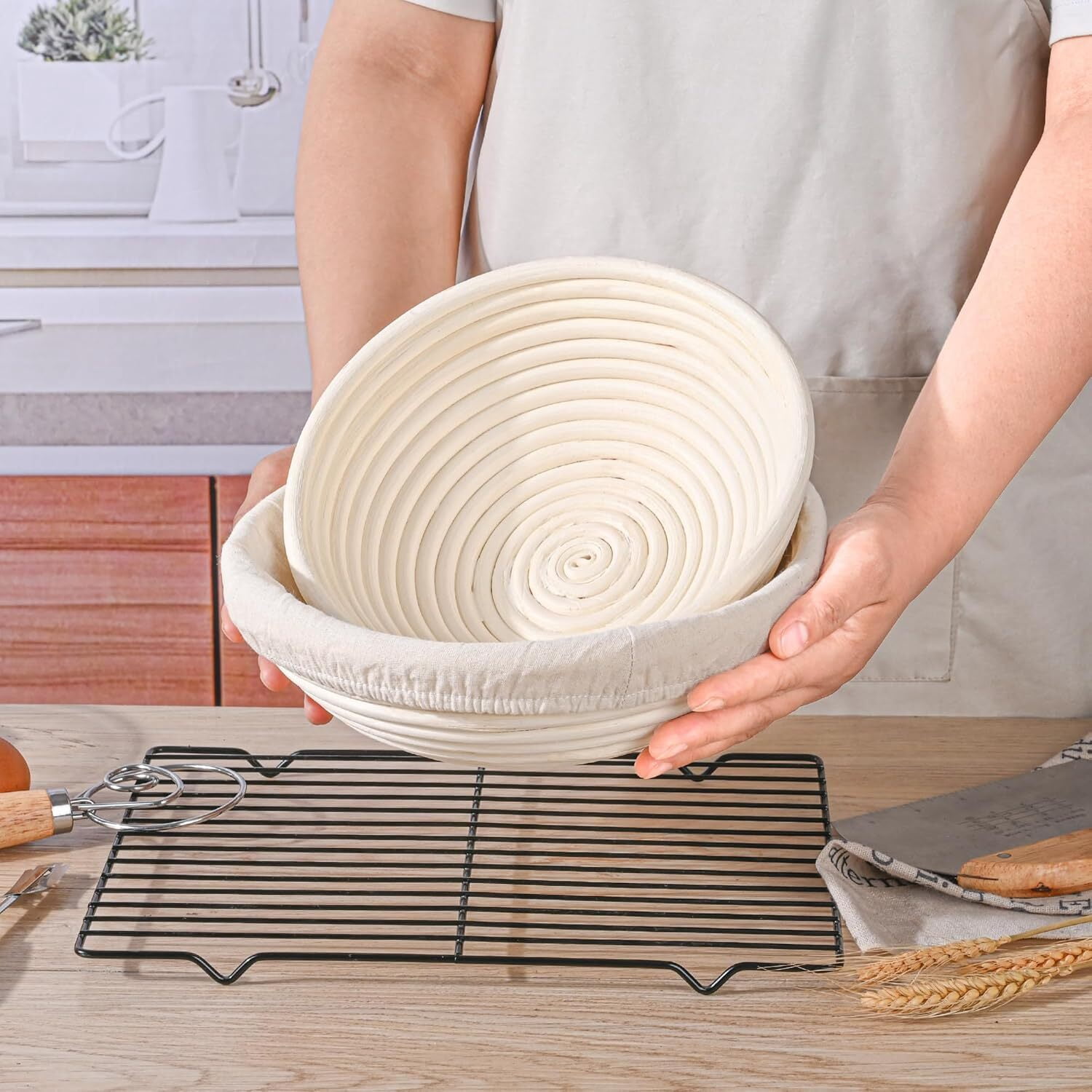 ALLJOY Banneton Bread Proofing Basket Set of 2，9 Inch Round & 10 Oval Cane Sourdough Bread Proofing Baskets Baking Supplies，Sourdough Starter Kit