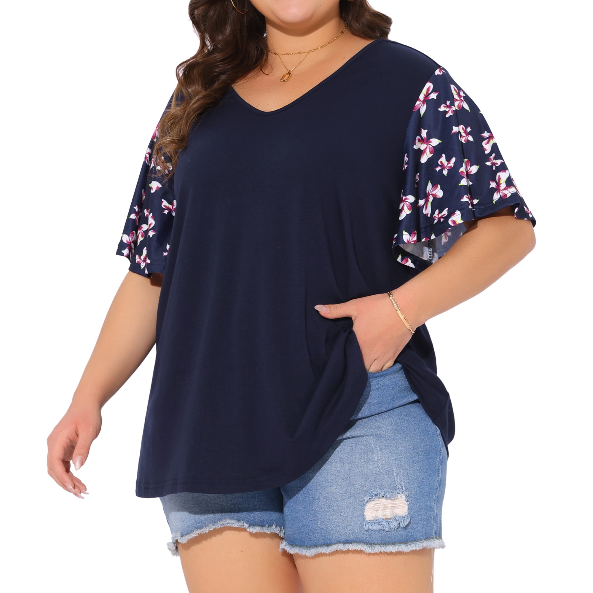 DARING DIVA Women's Plus V Neck Floral Flutter Sleeve Blouse Casual 4X Dark Blue
