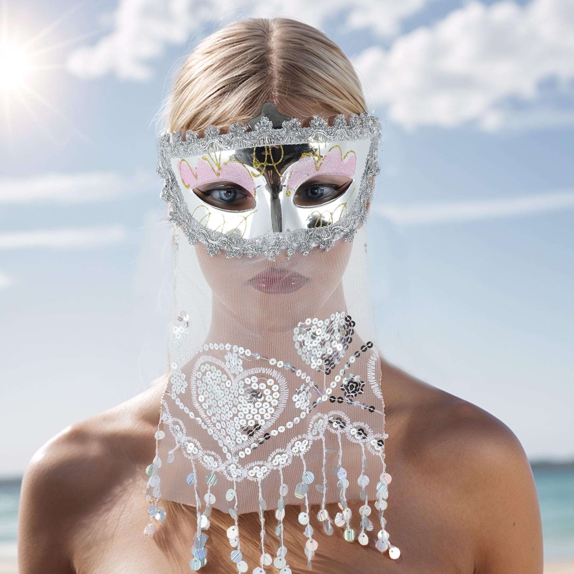 Unique Bargains Elegant Veiled Half Face Party Mask Silver Tone