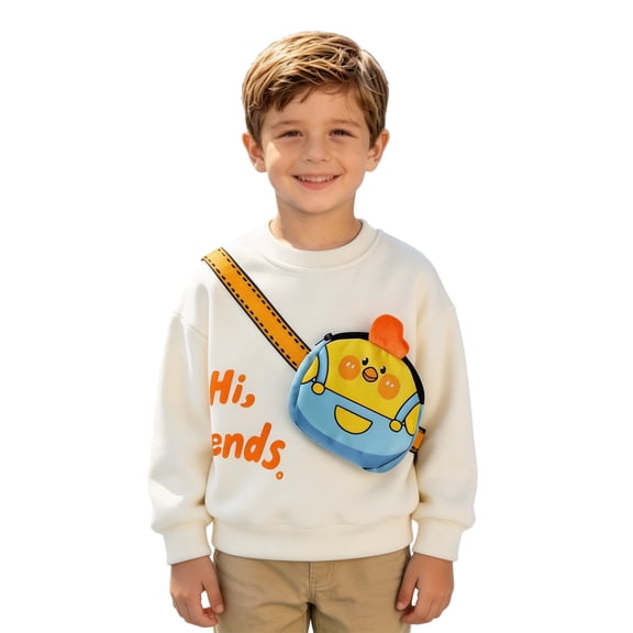 Weebloom Kids Crewneck Sweatshirt With 3D Pocket Crossbody Bag Autumn Winter Tops Boy Girl Sweatshirt Beige