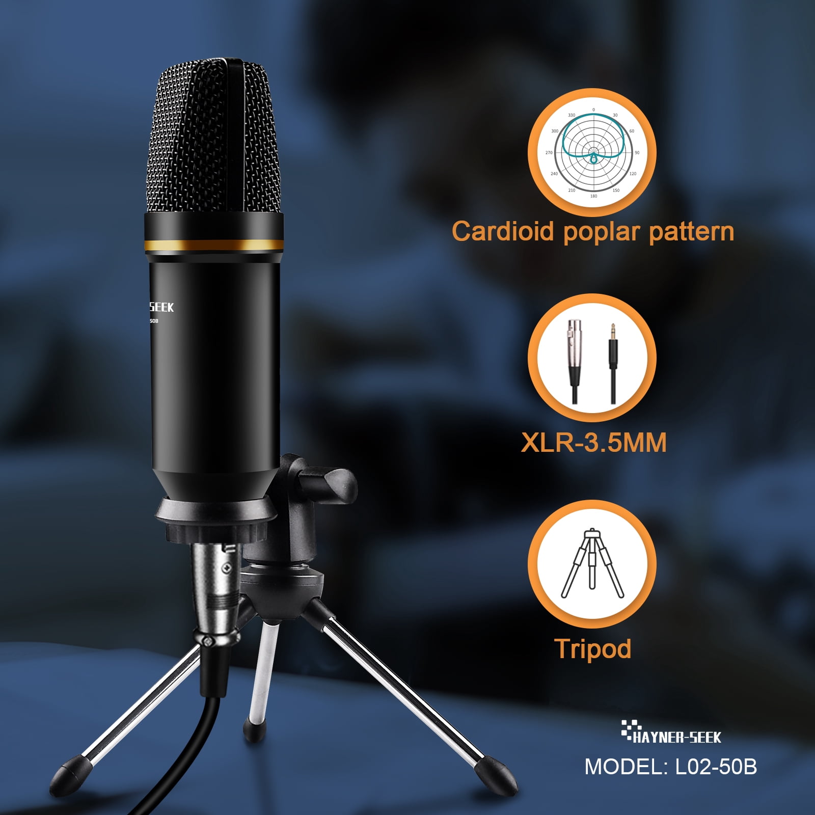 Hayner-Seek All-In-One Microphone, Aluminum Alloy Black, 20Hz-20KHz