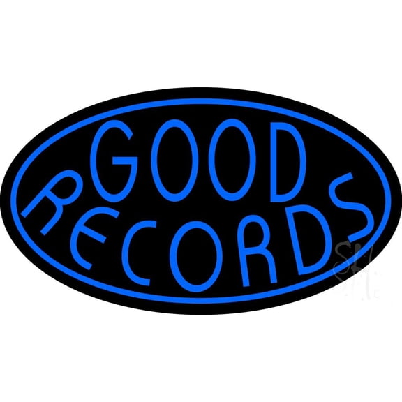 Blue Good Records Border LED Neon Sign 20" Tall x 37" Wide - inches Black Square Cut Acrylic Backing, with Dimmer - Premium built indoor Sign for Studio, Club, Home décor, Event, Workshop, Storefront.