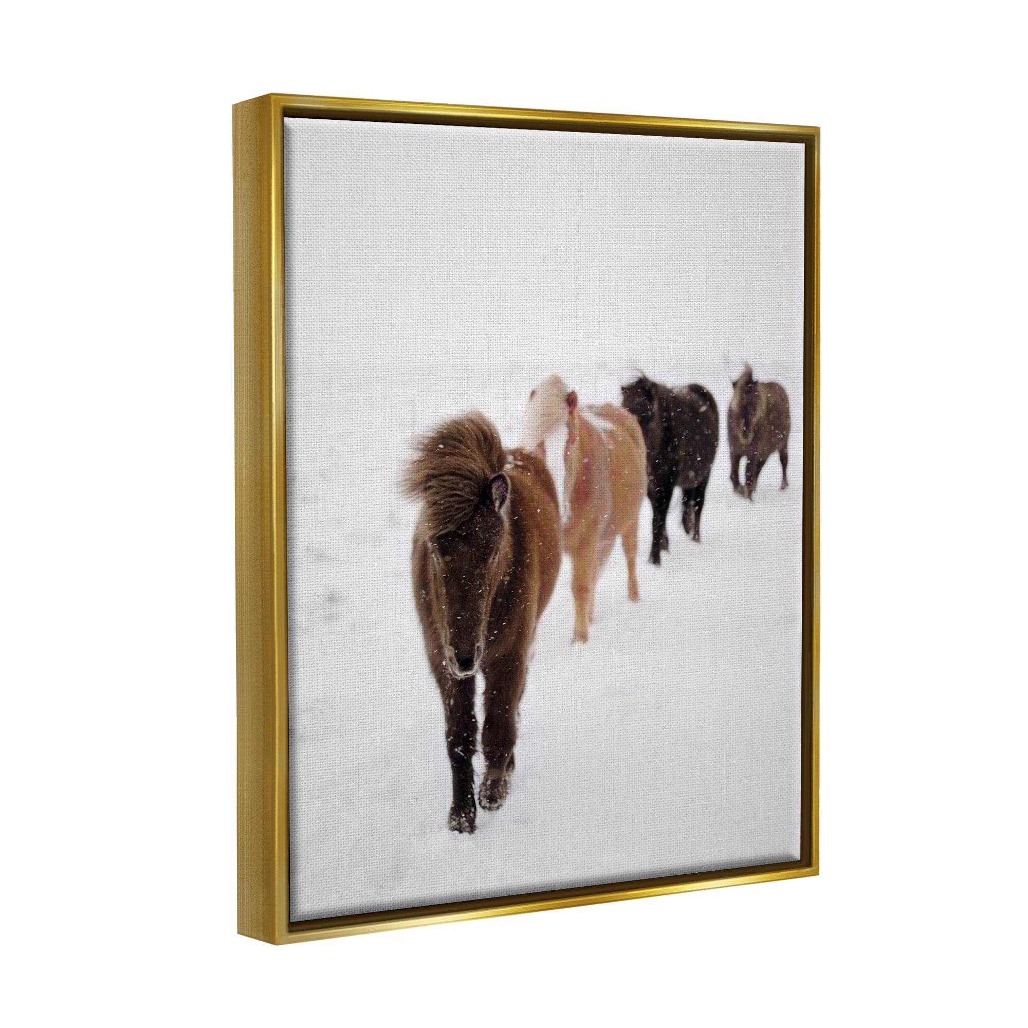 Stupell Industries Winter Horses Walking White Field Snowy Weather Metallic Gold Framed Floating Canvas Wall Art, 16x20, by Amy Brinkman