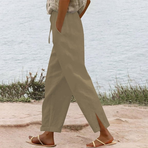 Cagogo Women Plus Size Straight Leg Pants Elastic Waist Casual Vacation Lounge Trousers with Pockets Solid Beach Summer Travel Clothes, Beige 4XL