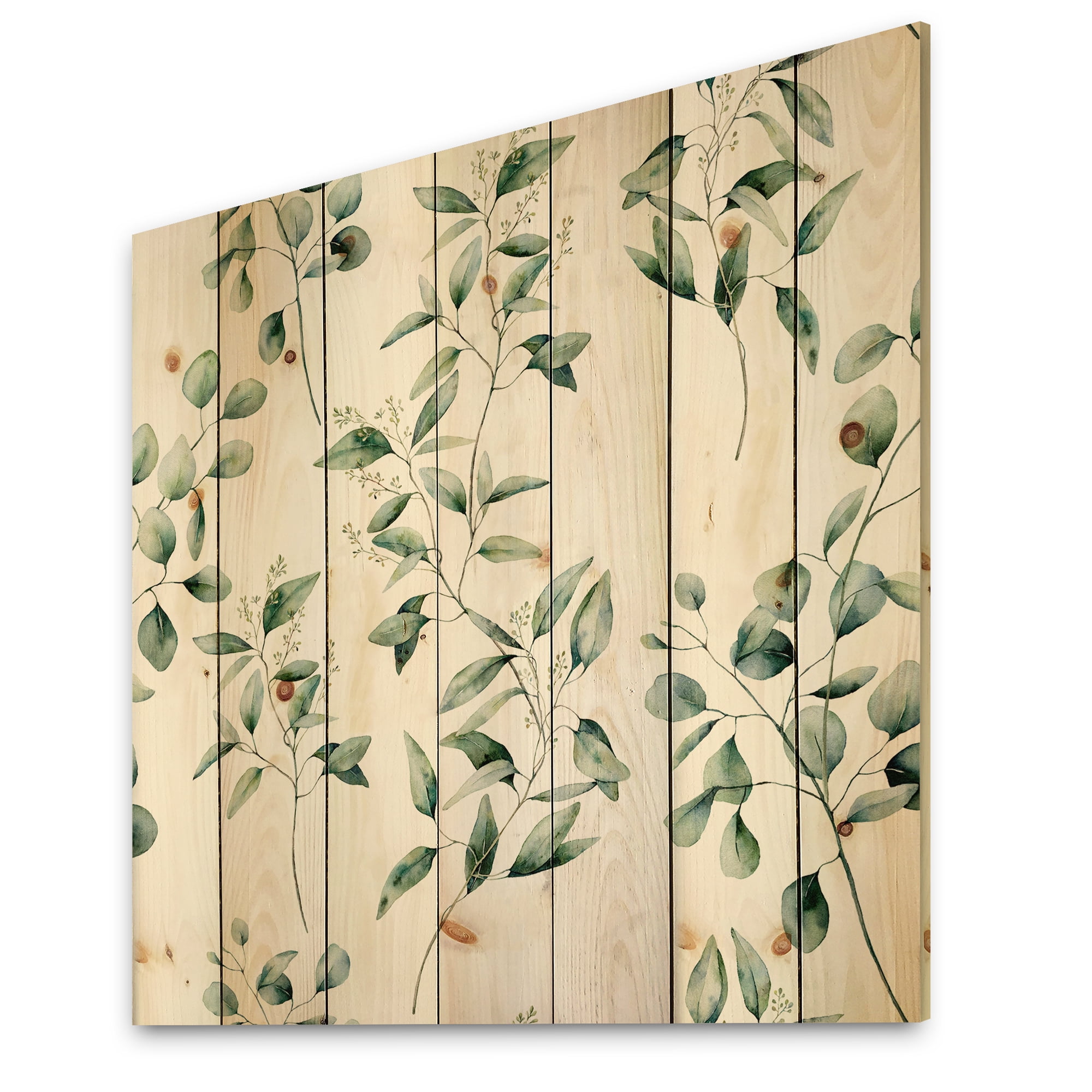 Designart 'Green Eucalyptus Plant Branches IV' Traditional Print on Natural Pine Wood