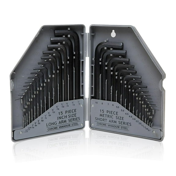 30-Piece Hex Key Set with Storage Case, Allen Wrench Set, SAE 0.028-3/8 inch, Metric 0.7-10 mm Metric Allen Wrench Set, Long & Short Keys, Easy Organization,for Furniture Assembly and Repair - Gray