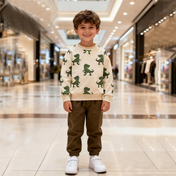 HCYSFG Boys Cartoon Dinosaur Digital Print Sweatshirt Knit Long Sleeve Crewneck Pullover Casual Classic Fall Everyday Top