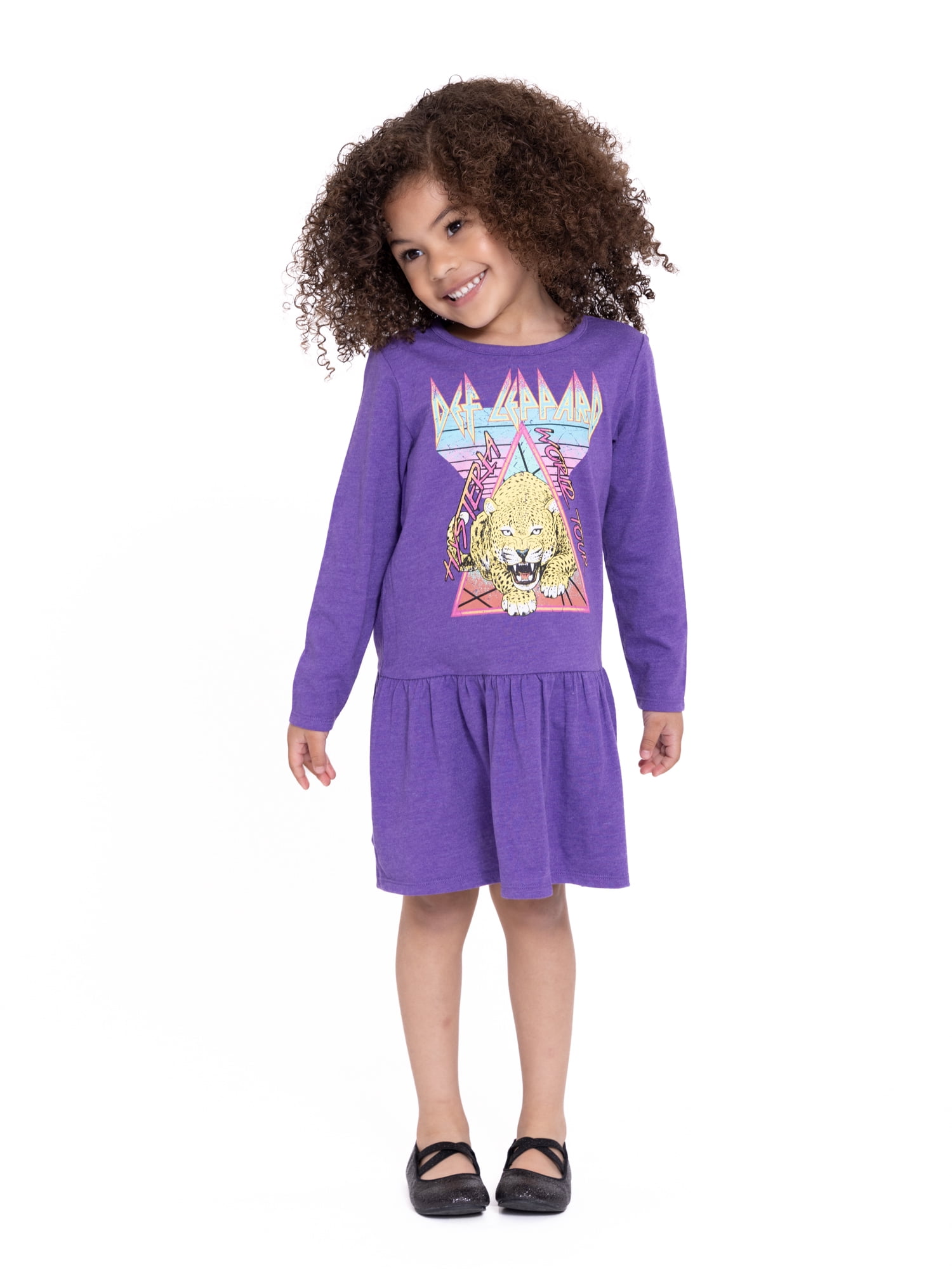 Def Leppard Toddler Girls Print Drop Waist Dress with Long Sleeves, Sizes 12M-5T