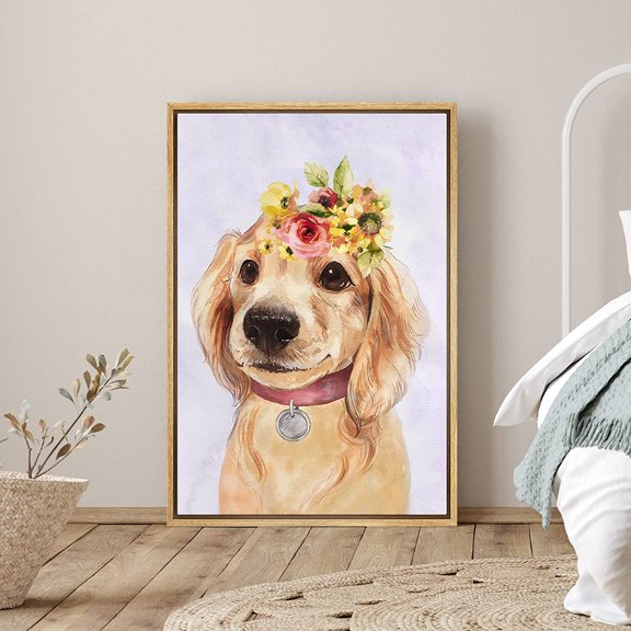 PixonSign Framed Canvas Print Wall Art Golden Retriever with Crown Animals Flower Illustrations Modern Art Contemporary Colorful Multicolor Pastel for Living Room, Bedroom, Office - 24"x36" Natural