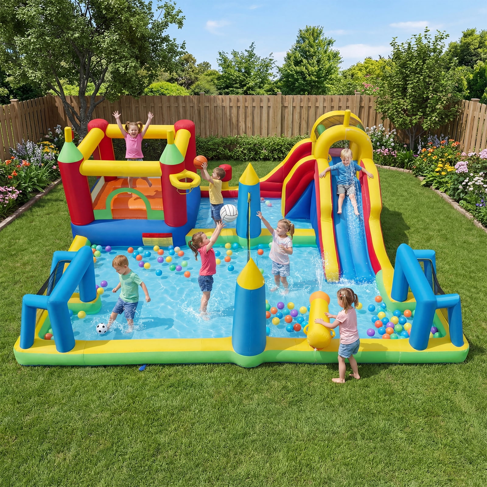 Patiojoy Inflatable Water Slide Park 9-in-1 Giant Bounce House w/ Jumping Area Splash Pool without Blower