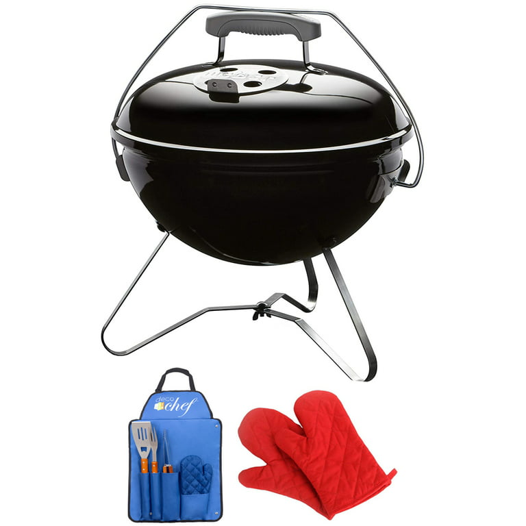 Mejeriprodukter reaktion forseelser Weber 40020 Smokey Joe Premium 14-inch Charcoal Grill, Black Bundle with  Deco Essentials 3 Piece BBQ Tool Set with Custom Blue Apron, Spatula,  Tongs, Fork and Oven Mitt and Pair of Red