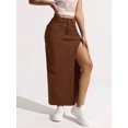 thumbnail image 5 of Coffee Brown High-Waisted Denim Maxi Skirt With Front Side Slit, 5 of 30