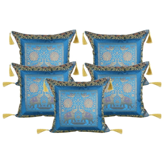 Stylo Culture Ethnic Brocade Home Decor Throw Pillow Covers Turquoise Gold 18 x 18 Jacquard Weave Tassels Couch Cushion Covers 45x45 cm Polydupion Silk Zippered Elephant Square Pillowcases | Set Of 5