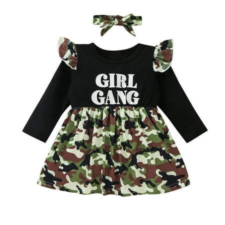 

ZHUASHUM Toddler Kids Baby Girls Cute Letter Long Ruffled Sleeve Patchwork Camouflage Princess Dress With Headbands Outfits Set 2PCS Clothes