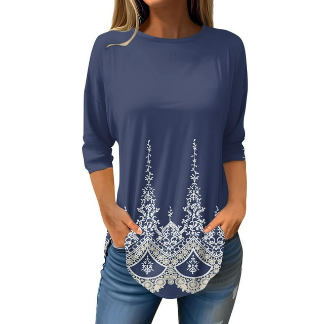 Ploknplq Tunic Tops for Women Loose Fit Dressy,Elbow Length Tee Shirts for Women,Womens Tunic Tops,Round Neck Three Quarter Sleeve Top,Plaid Shirts for Women,Split Hem Top for Women Blue 4XL