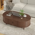 thumbnail image 2 of Oval Coffee Table, 42.5" Drum Coffee Table with Sliding Tambour Door, Fluted Accent Center Table with Storage, Mid Century Modern Coffee Table for Living Room, Center Table Walnut, 2 of 7