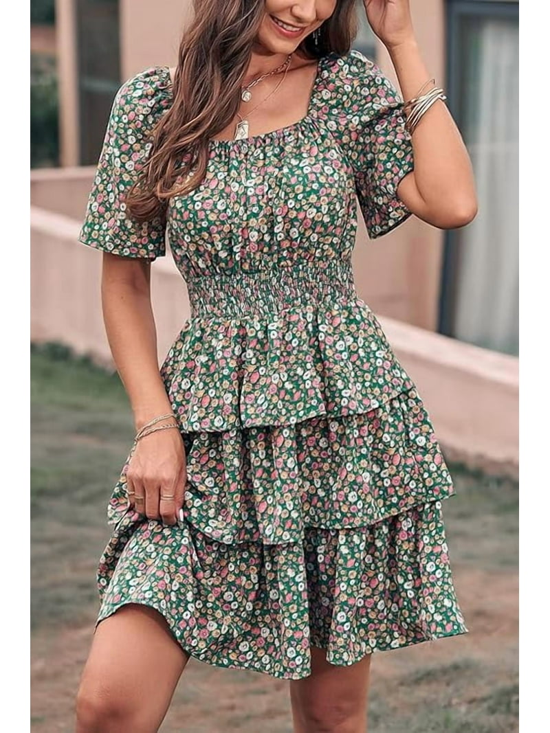 boho swing dress Prettygarden Women's Floral Summer Short Dress Square Neck Short Sleeve Tiered Ruffle Boho Swing Dresses, Size: Small, Green