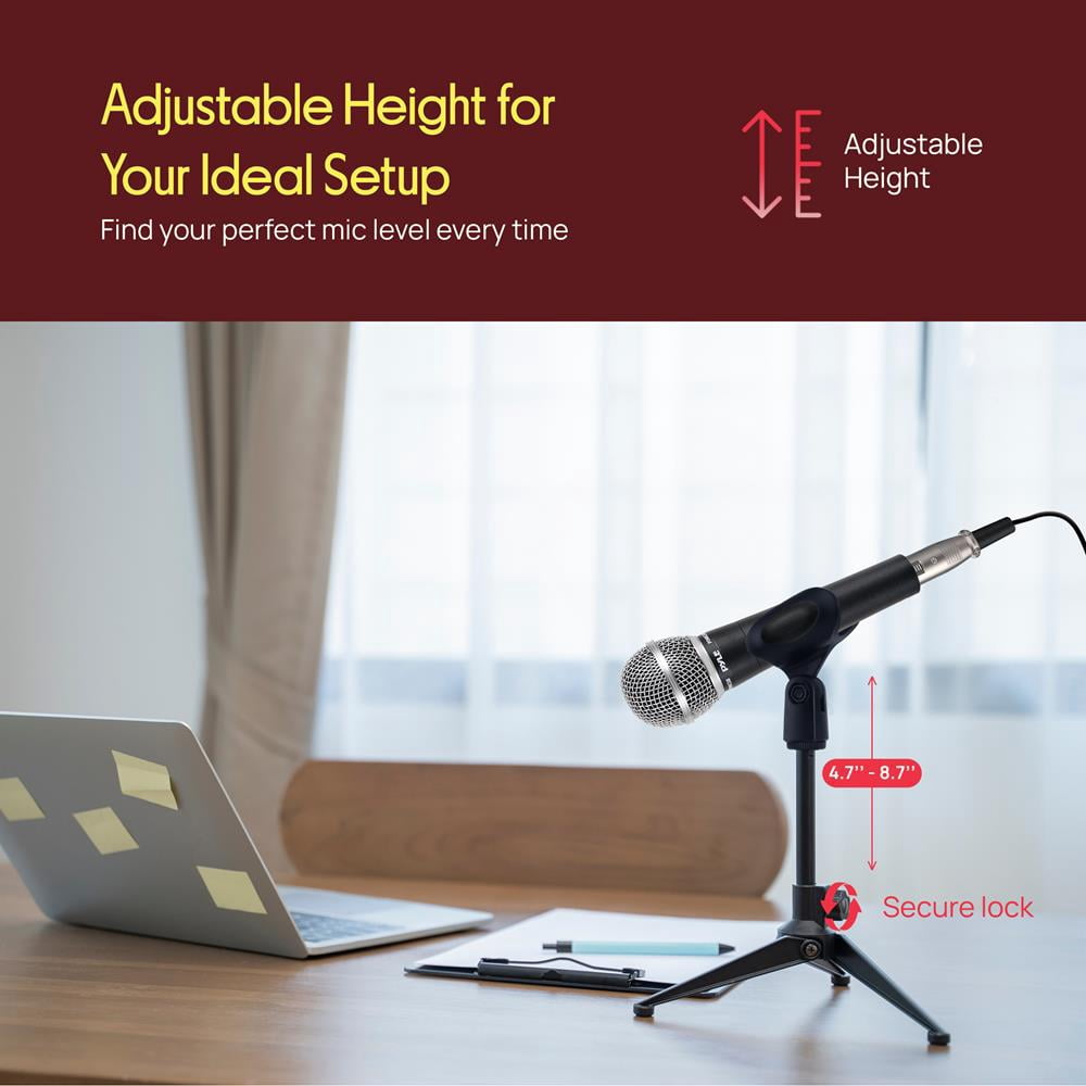 Pyle Desktop Tripod Microphone Stand – Adjustable Height 4.7" to 8.7", Heavy-Duty Clutch, Stable Tripod Base, Supports up to 5 lbs, Ideal for Podcasting, Streaming, Screencasts & Desktop Recording
