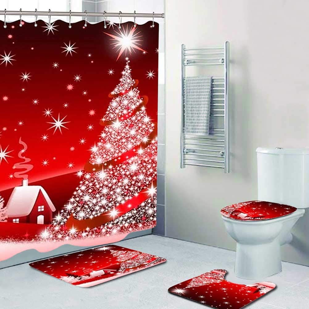 4 Pcs Christmas Bathroom Decorations Set Toilet Seat Cover Rug