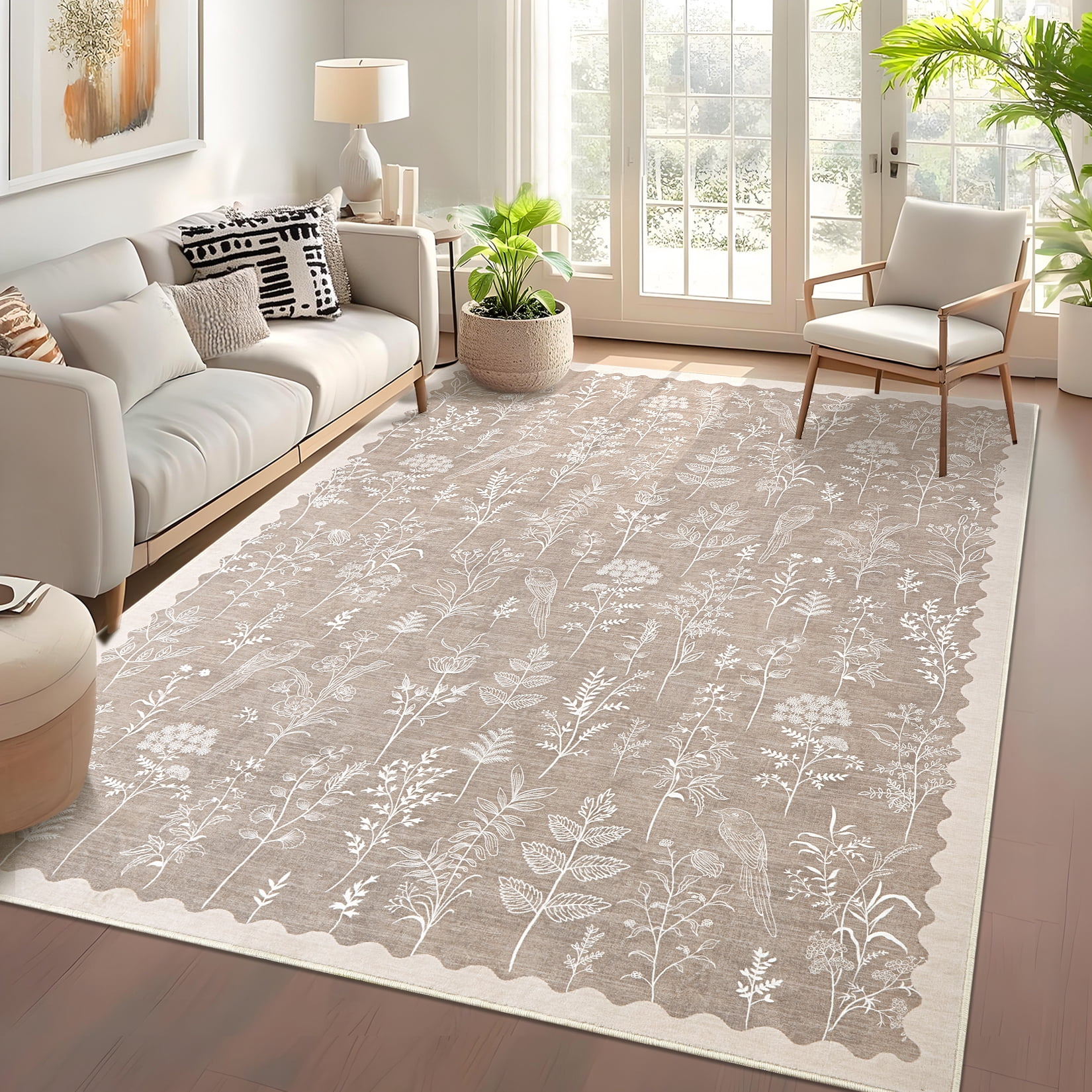 FairOnly Lght Brown 5'x7'Low Pile Flower Print Area Rug Non Slip Non Shedding ug for Living Room Bedroom Kitchen