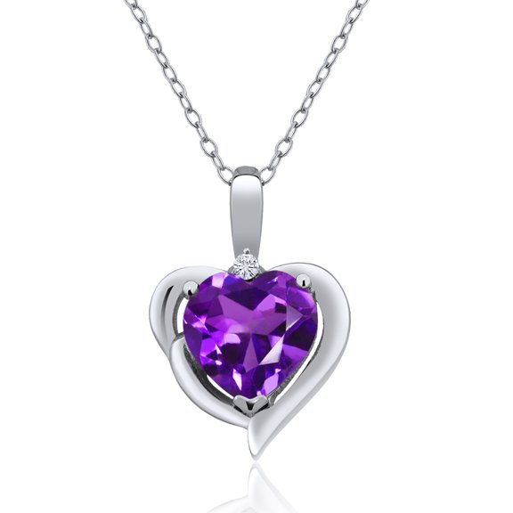 Gem Stone King 925 Sterling Silver Purple Amethyst and White Moissanite Heart Shape Pendant Necklace for Women (1.62 Cttw, Heart 8MM, Gemstone February Birthstone, with 18 inch Chain)