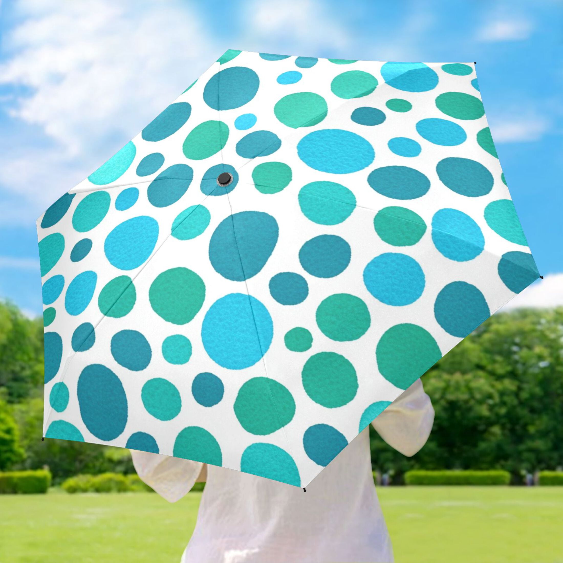 Oceanic Polka Dots Umbrellas for Sun Auto Open Close UV50+ Waterproof 5-Fold Compact Fiberglass Frame