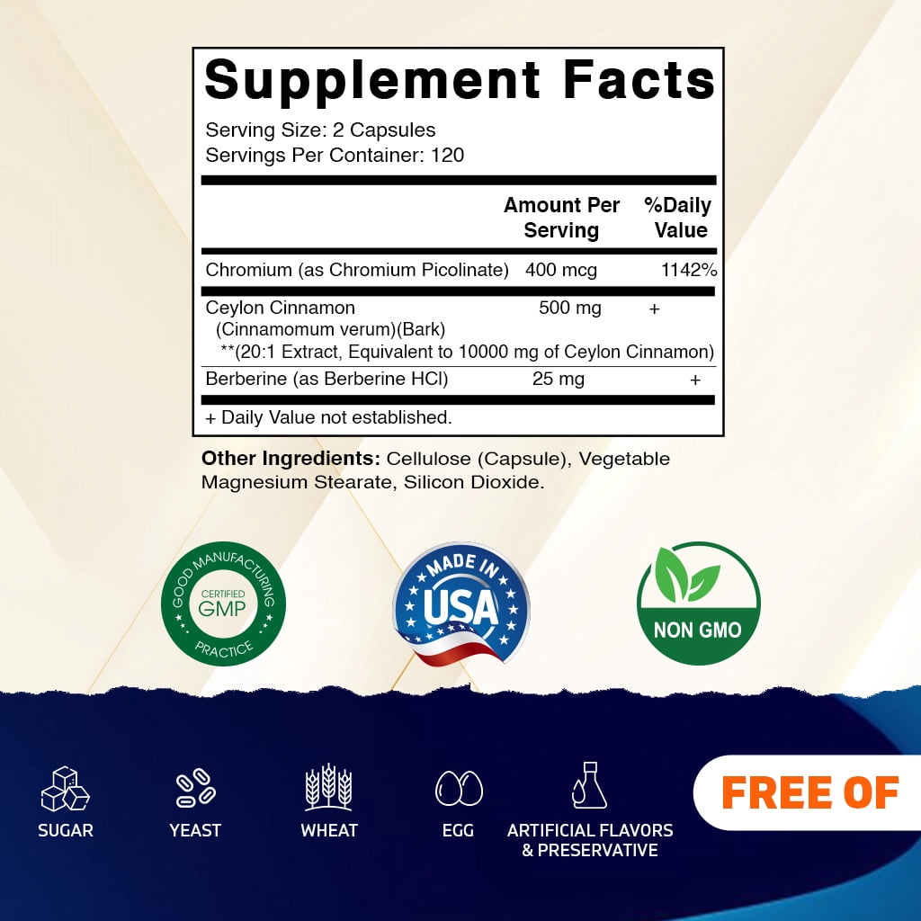 Vitamatic Ceylon Cinnamon 10000 mg Equivalent per Serving with Berberine & Chromium - 240 Vegetable Capsules - Non-GMO & Gluten Free