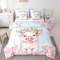 Erosebridal Pink Pig Bedding Sets Twin Size, Cherry Blossoms Comforter Sets with Sheets, Cute Animal Bed Set, Super Cozy Bedroom Decor, 7 Pieces