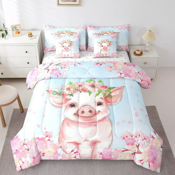 Erosebridal Pink Pig Bedding Sets Twin Size, Cherry Blossoms Comforter Sets with Sheets, Cute Animal Bed Set, Super Cozy Bedroom Decor, 7 Pieces