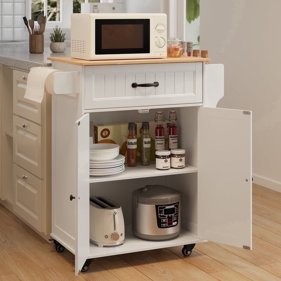 Lofka Kitchen Island Cart with Storage on Wheels, Microwave Stand with Spice Rack & Towel Rack, White Rolling Kitchen Cart with Drawer, Adjustable Shelf for Small Kitchen, Dining Room