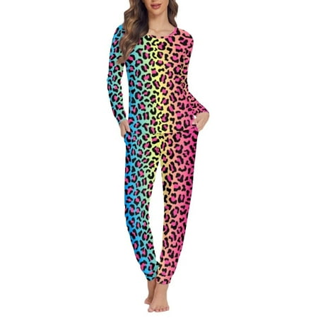 

Renewold Pajamas Set for Women Long Sleeve Scoop Neck Loose Fit Sleepwear Colored Gradient Leopard Print Nightwear Indoor Sports Yoga Loungewear Size 4XL