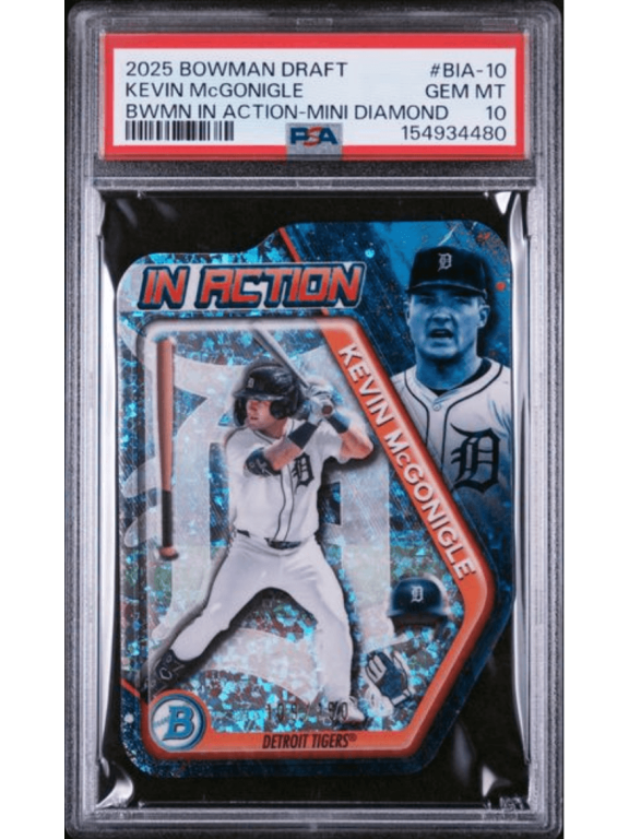 Graded 2025 Topps Bowman Draft Kevin McGonigle #BIA10 Bowman In Action Mini Diamond /150 Rookie RC Baseball Card PSA 10 Gem Mint