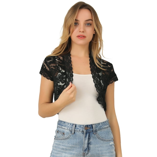 Top De Encaje Floral Transparente De Manga Corta Elegante Para Mujer Negro M