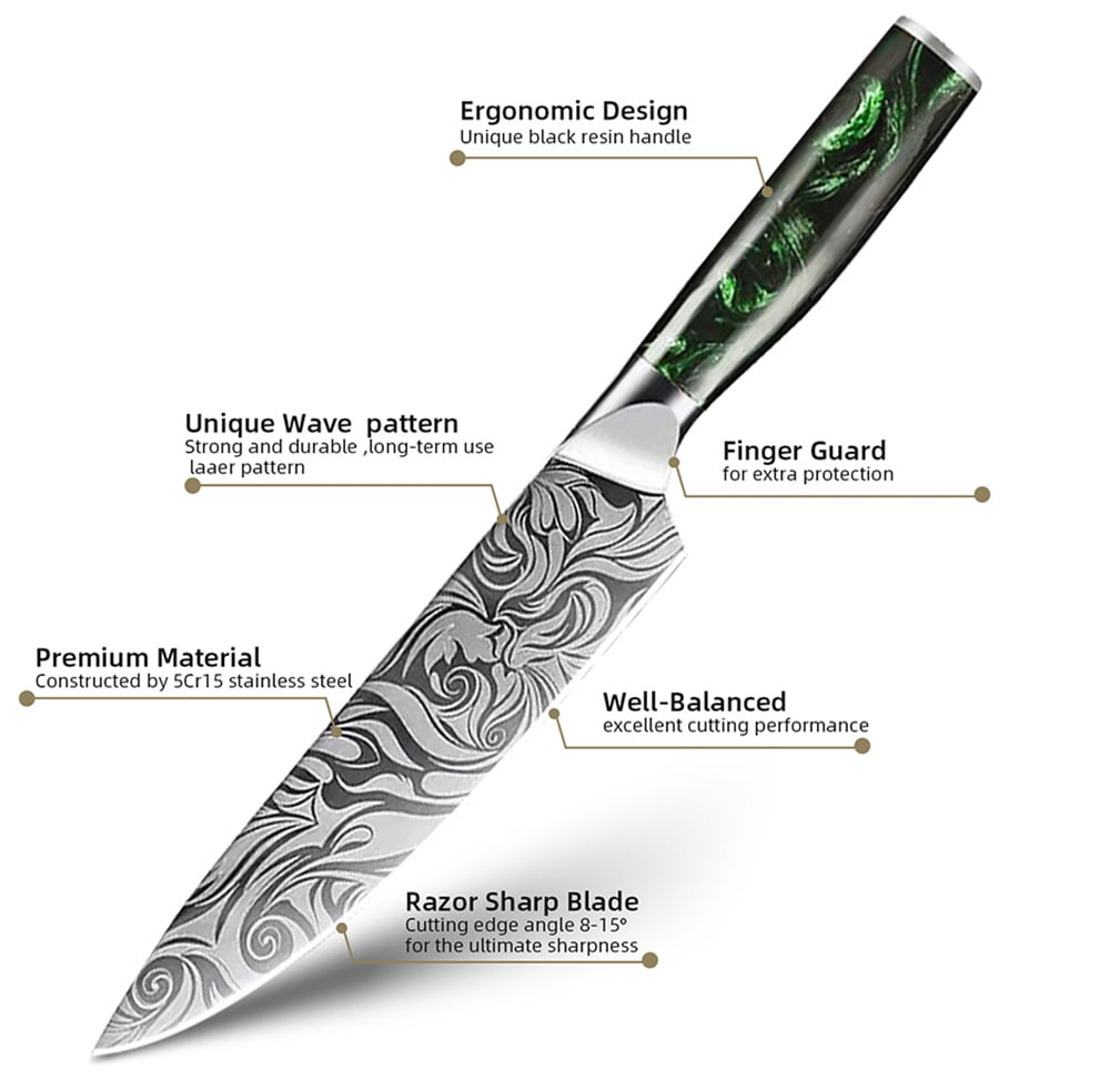 Myvit Damascus Steel Kitchen Knife 3-7Piece Set Japanese Santoku Knife Professional Chef Knife with Easy-Grip Resin Handle