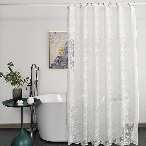 White Lace Shower Curtain - Victorian Shower Curtain with Attached Valance, Floret Lace Bath Curtains for Bathroom Scalloped Edge, 72 x 72 Inch, 1 Panel