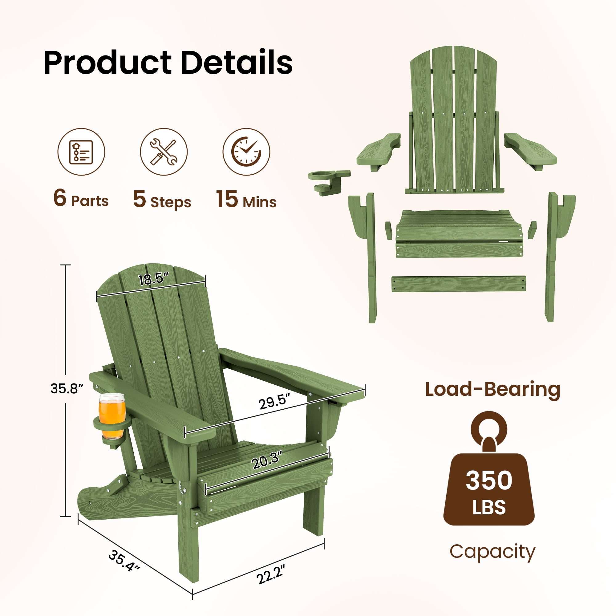 SERWALL Adjustable Folding HDPE Adirondack Chair Outdoor with Cup Holder, for Outdoor, Patio, Poolside, Garden, Avocado