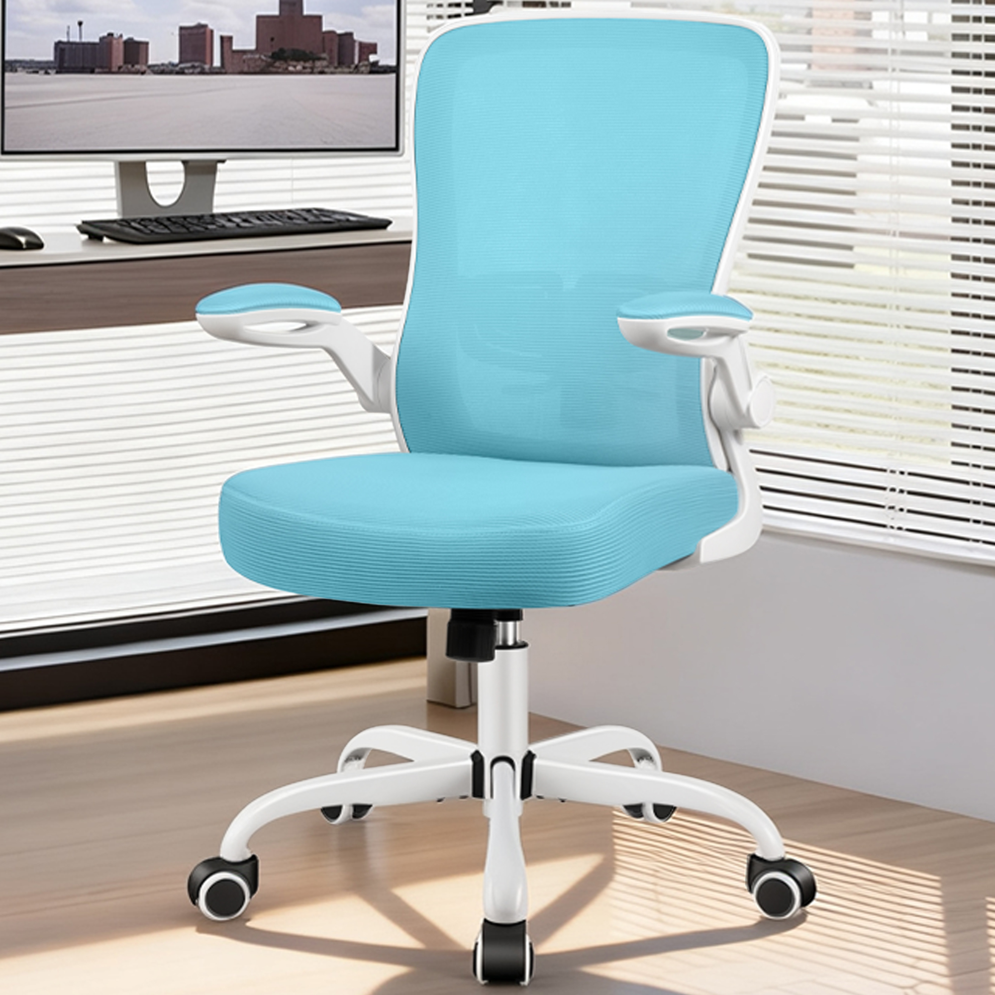 COOLHUT Ergonomic Office Chair, Home Office Desk Chair, Comfort Mesh Task Chair with Adjustable Lumbar Support and Flip up Arms, Blue