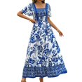 thumbnail image 3 of Women'S 2025 Summer Short Sleeves Boho Floral Print Tiered Casual Flowy Long Maxi Dress Blue & White S, 3 of 9