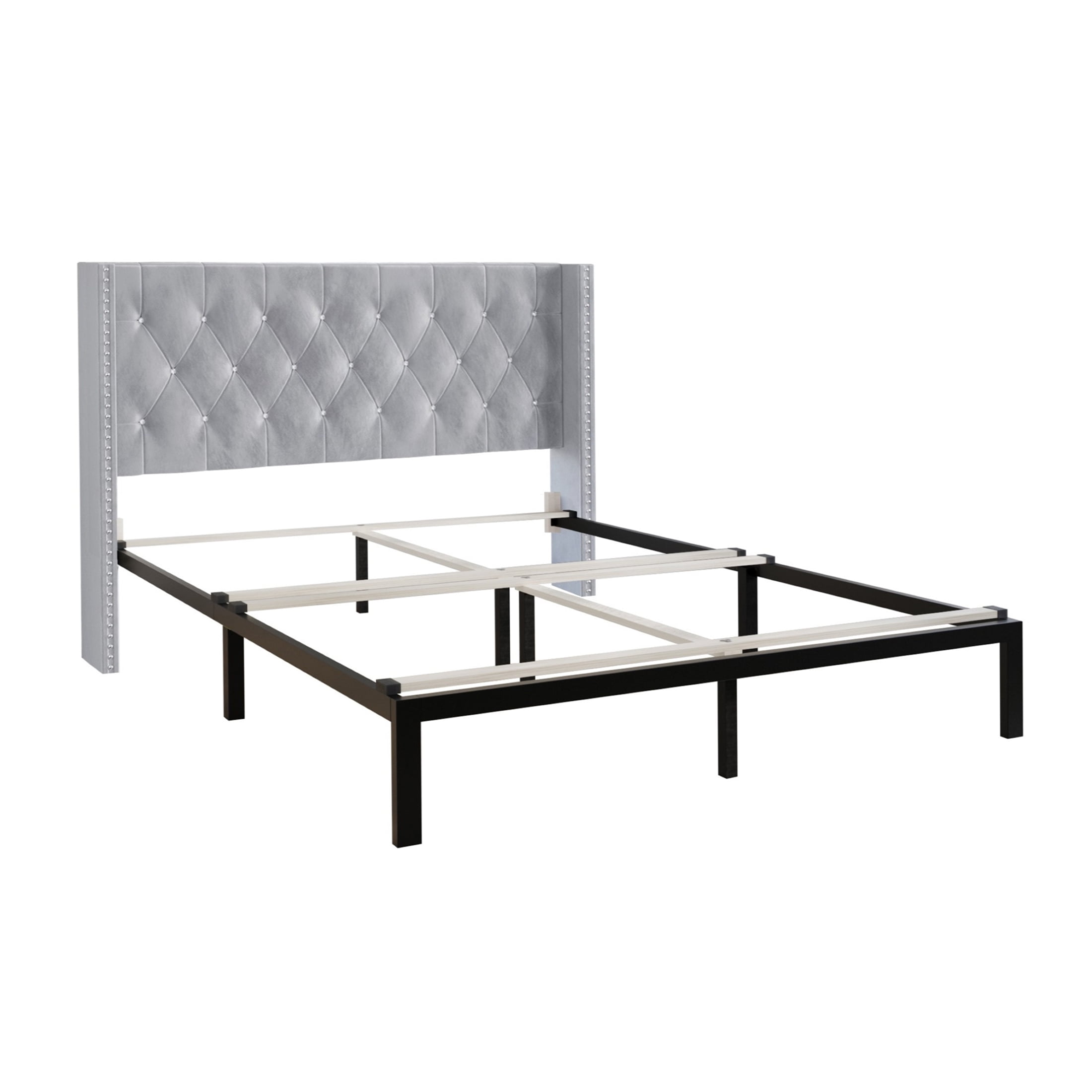 Castle Place Button Tufted Wingback Velvet Upholstered Bed, Silver Grey, King