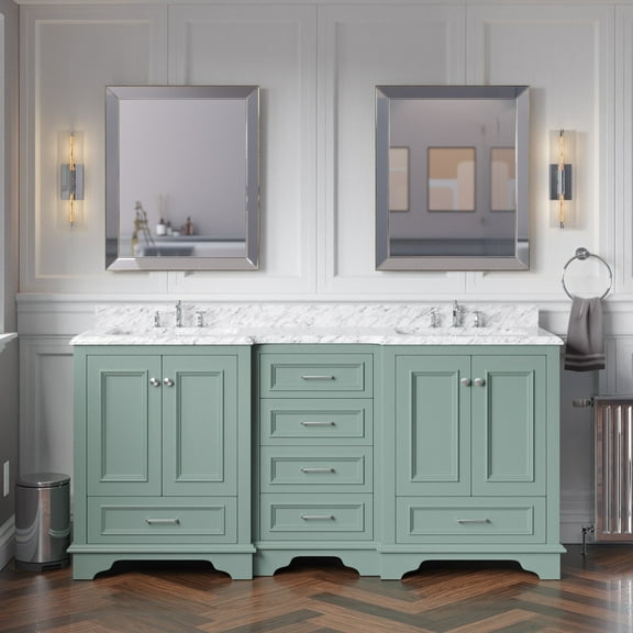 Nantucket 72" Double Bathroom Vanity with Sage Green Cabinet and Carrara Marble Top