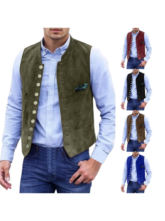 Men's Retro Suede Vest Multi Button Casual Outerwear British Style Slim Fit Waistcoat for Wedding Oktoberfest
