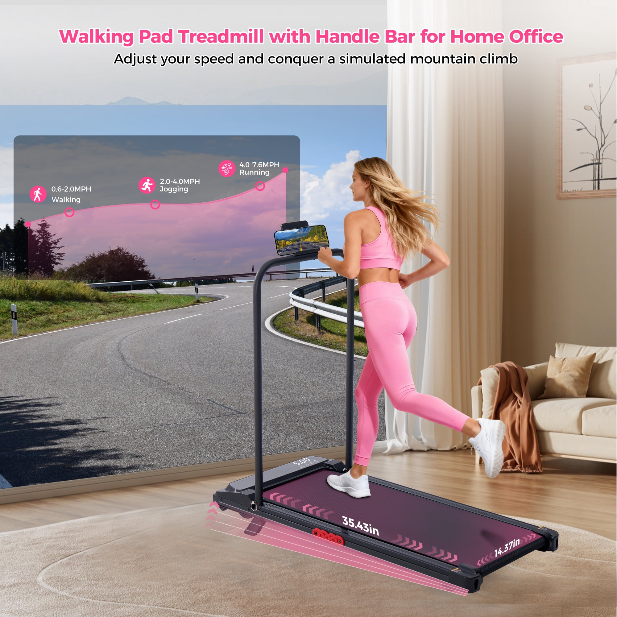 Walking Pad Treadmill with Handle Bar & Incline,3.0HP Compact Portable Treadmills for Home, Electric Walking Pads with Handles,0.6-7.6mph,350lbs