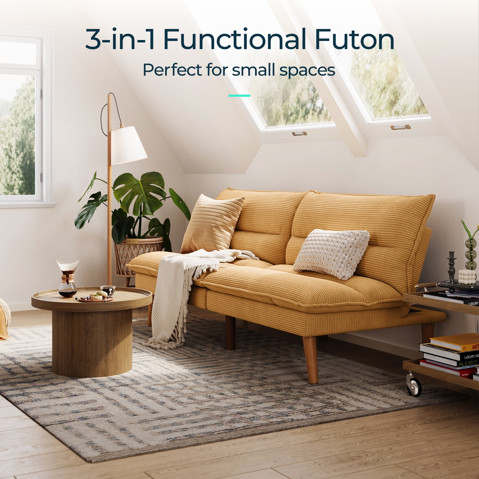 LINSY HOME Convertible Futon Sofa Bed, Convertiable Sofa Bed,  Corduroy Material Yellow
