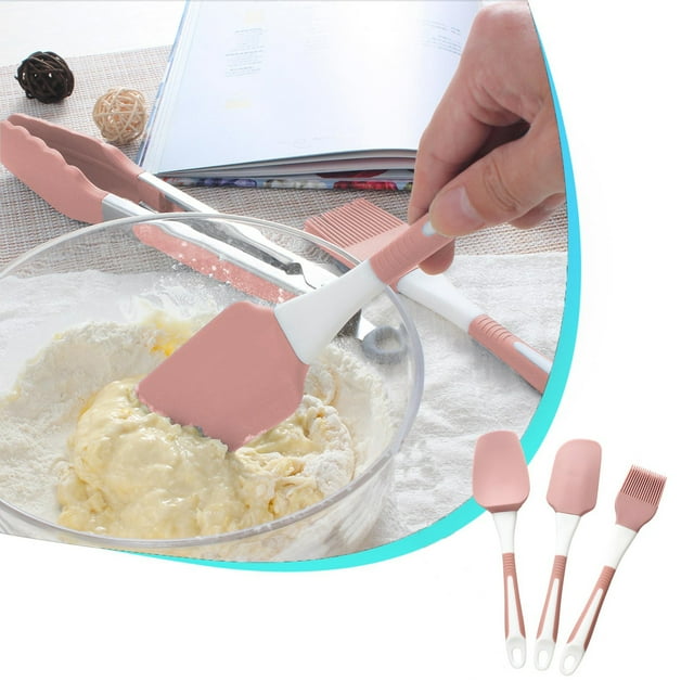 Juego de 3 Espátulas de Silicona con Raspador y Brocha para Aceite - Utensilios de Cocina Resistentes Al Calor En Colores Azul, Rosa y Verde